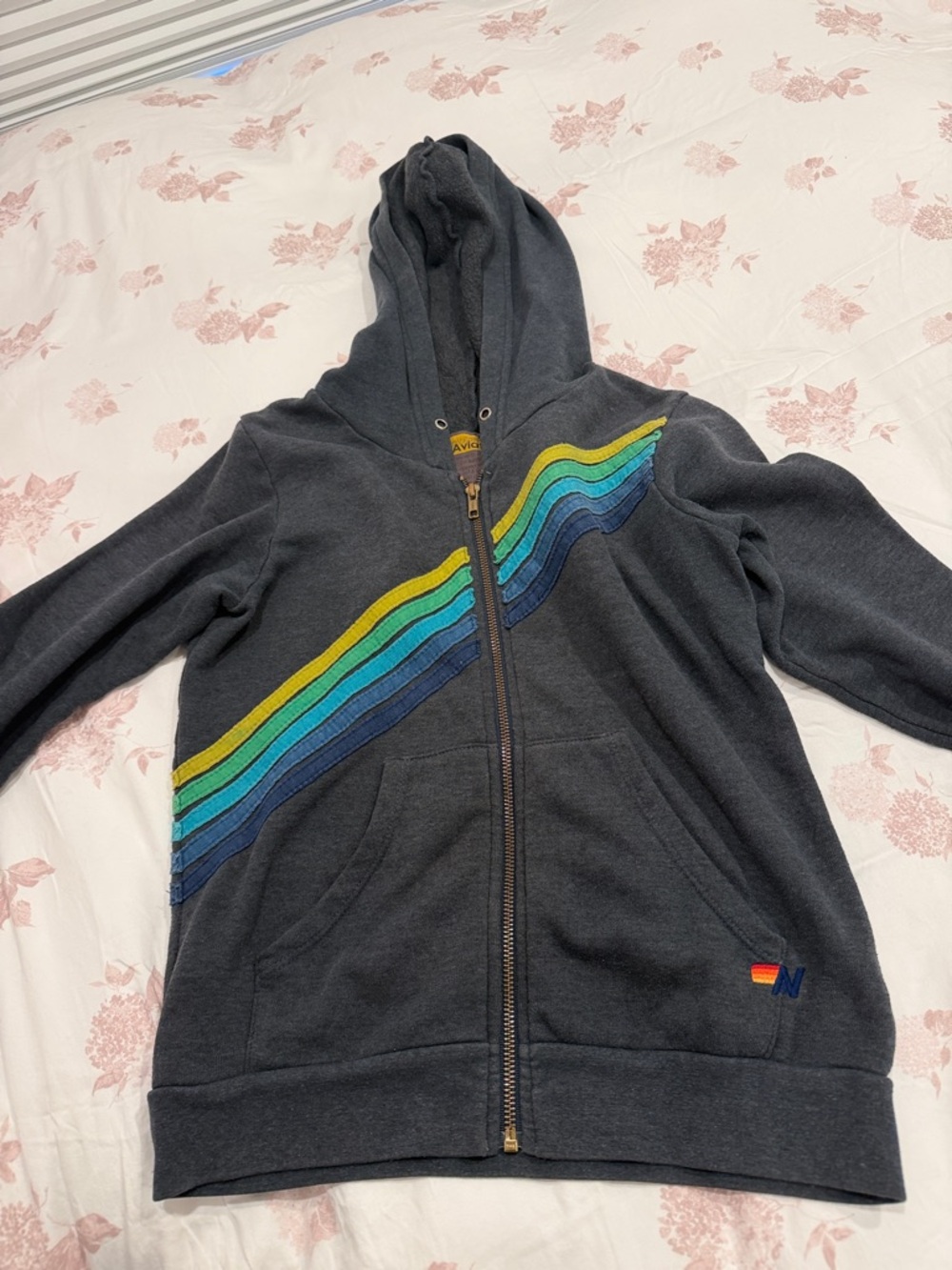 Aviator Nation Charcoal Zip Hoodie with Yellow, Teal & Blue Stripes